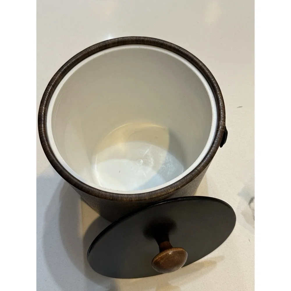 Vintage‎ Irvinware MCM Ice Bucket Faux Leather Wood Grain Lidded USA Made